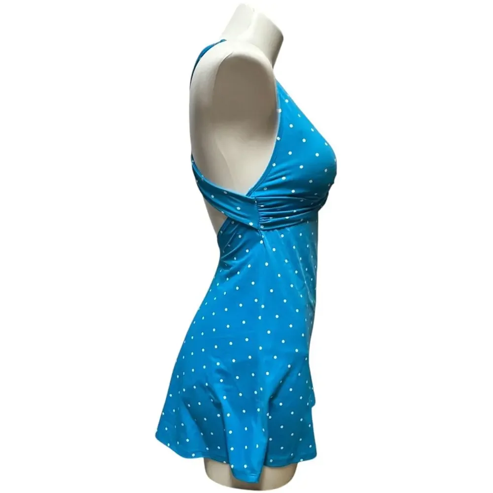 L.L.Bean Twisted One Piece Swimsuit Swim Dress Blue White Polka Dot 4